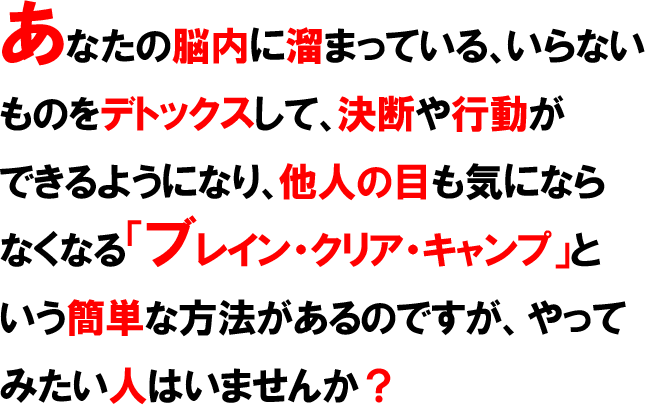 あなたの脳内に溜まっている、いらないものをデトックスして、決断や行動ができるようになり、他人の目も気にならなくなる「ブレイン・キャンプ・メソッド」という簡単な方法があるのですが、やってみたい人はいませんか？